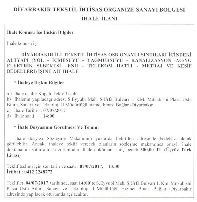 DUYURU: Organize Sanayi İhalesi